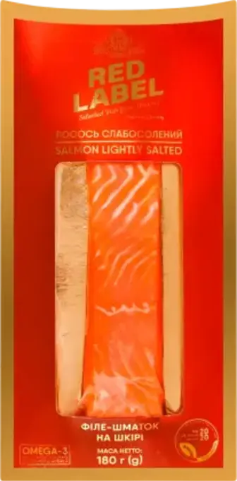 Лосось Red Label філе-шматок слабосолоний на шкірі 180 г