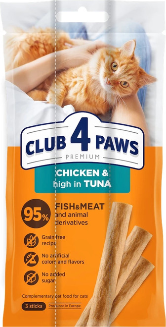 Ласощі для котів Club 4 Paws м'ясні палички з куркою та тунцем 5 г х 3 шт (4820269144668)
