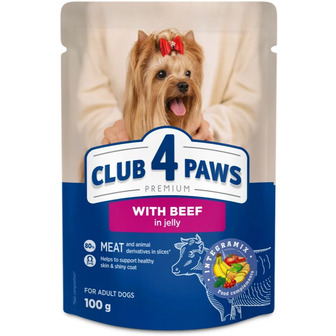 Корм вологий для дорослих собак Club 4 Paws Преміум Шматочки з яловичиною в желе 100 г (4820269144583)
