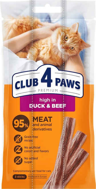 Ласощі для котів Club 4 Paws м'ясні палички з качкою та яловичиною 5 г х 3 шт (4820269144651)