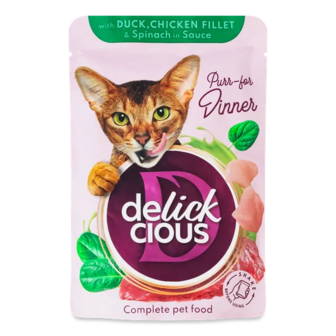 Корм для котів Delickcious шматочки з качкою, курячим філе і шпинатом в соусі (85г)