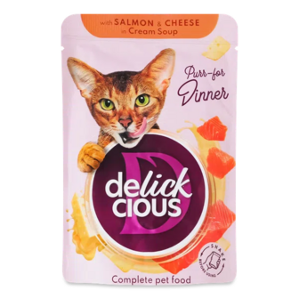 Корм для котів Delickcious смужки з лососем та сиром в крем супі (85г)