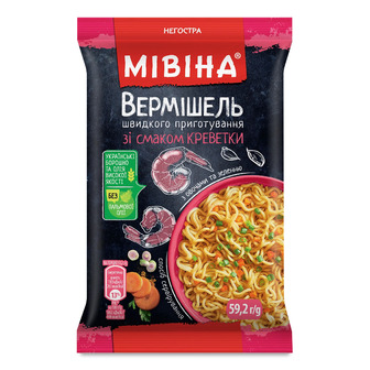 Вермішель швидкого приготування Мівіна зі смаком креветки з овочами та зеленню негостра 59.2 г (8445291748507)