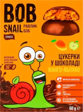 Цукерки Bob Snail яблучно-мангові у молочному шоколаді без цукру 60 г