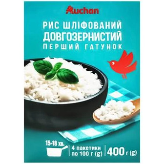 Рис Auchan довгозернистий шліфований 100г х 4шт