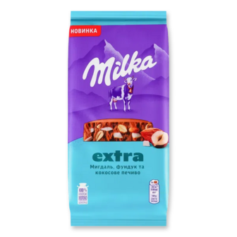 Шоколад молочний Milka Екстра мигдаль, фундук та шматочки кокосового печива (130г)