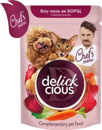 Корм для котів та собак Delickcious з яловичиною, буряком та морквою 85 г