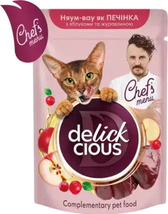 Корм для дорослих котів Delickcious з високим вмістом печінки з яблуком та журавлиною 85 г