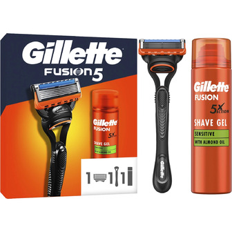 Подарунковий набір для чоловіків Gillette Станок для гоління Fusion5 з 1 змінним картриджем + Гель для гоління Fusion для чутливої шкіри 200 мл (8006530032605)