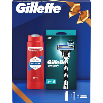 Подарунковий набір для чоловіків Gillette Станок для гоління Mach3 з 2 змінними картриджами + Гель для душу Old Spice 3-в-1 Whitewater 250 мл (8006530053242)