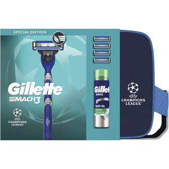 Подарунковий набір для чоловіків Gillette UEFA Champions League Special Edition Станок Fusion5 Mach3 з 4 змінними картриджами + Гель для гоління Series Sensitive Skin для чутливої шкіри 200 мл + Косметичка (8006530032575)