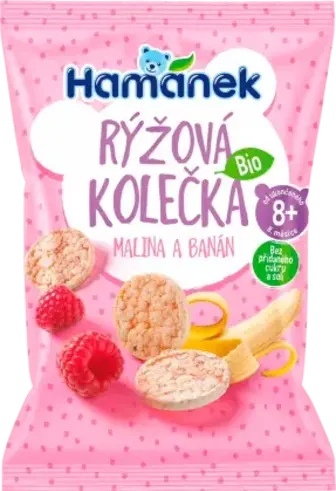 Снеки Hamanek рисові органічні з малиною та бананом 35 г