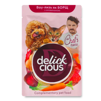 Корм для котів та собак Delickcious зі смаком борщу з яловичиною (85г)
