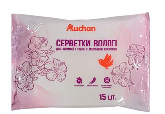 Серветки для інтимної гігієни Auchan з молочною кислотою 15 шт (4823090138509)