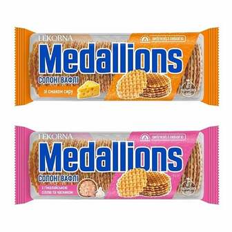 Вафлі 93 г Lekorna Medallions зі смаком сиру та з гімалайською сіллю та часником м/уп 