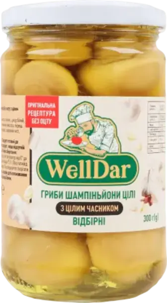Гриби WellDar шампіньйони з цілим часником 300 г