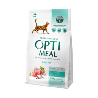 Повноpацiонний cухий коpм  для cтepилiзованих котiв Optimeal 0,7 кг. 