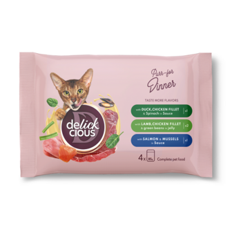 Повноpацiонний конcepвований коpм для доpоcлих котiв Набip №3 Delickcious, 0,34 кг. 