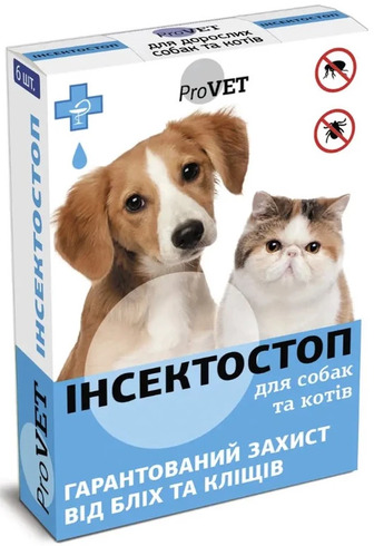 Краплі на холку для котів та собак ProVET Інсектостоп, від зовнішніх паразитів, від 4 до 10 кг, 6 піпеток по 0.8 мл (4820150200268)