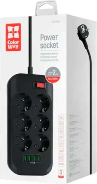 Мережевий фільтр-подовжувач СolorWay 6 розеток + 4 USB чорний 2 м