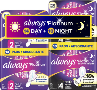 Набір гігієнічних прокладок Always Platinum Super Розмір 2 14 шт + Secure Night Розмір 4 10 шт (8006530048897)