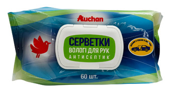 Серветки вологі для рук антисептик Auchan в авто, 60 шт.