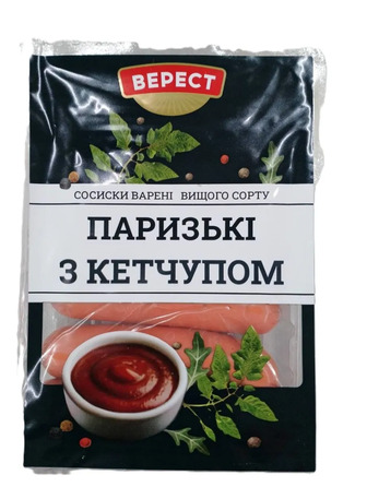 Сосиски Верест Паризькі з кетчупом варені вищого сорту 280 г (4823079700536)