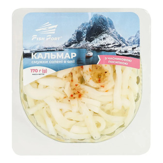 Кальмар Fish Port солоний смужки в олії з часниковою посипкою 170 г (4820272063024)