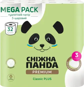Папір туалетний Сніжна панда Premium Classic Plus 3-х шаровий 32 шт