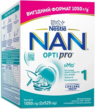 Суха молочна суміш NAN 1 Optipro для дітей від народження 1050 г, ( 2 уп по 525 г)