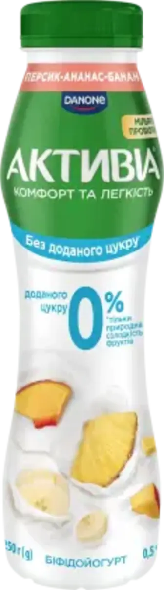 Біфідойогурт Активіа Персик-ананас-банан без цукру 0.5% 250 г
