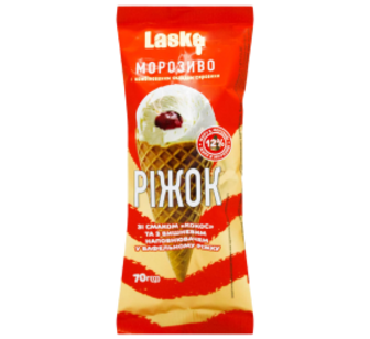 Морозиво Laska Кокос/Вишневий наповн.ваф/ріжок 70г
