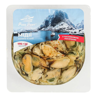 Мідії Fish Port солоні в олії з часниковою посипкою 170 г (4820272063062)