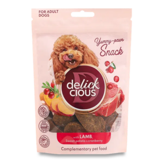 Ласощі для собак Delickcious снеки ягня-батат-журавлина (80г)
