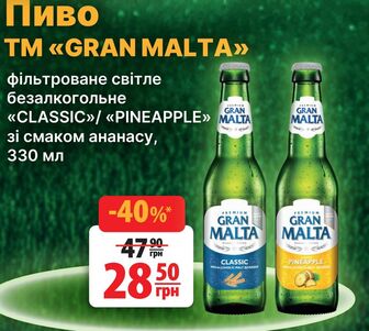 Пиво TM «GRAN MALTA» фільтроване світле безалкогольне «CLASSIC»/ «PINEAPPLE» зі смаком ананасу, 330 мл