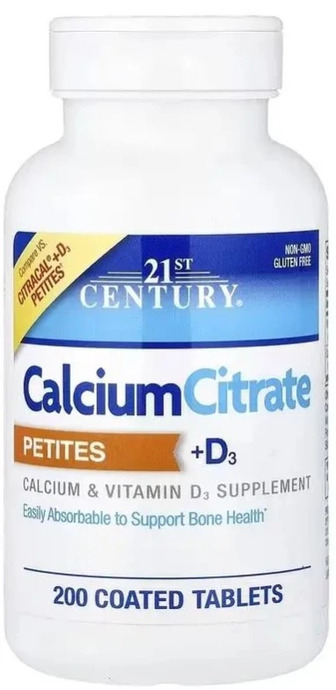 Кальцій цитрат та вітамін D3, Calcium Citrate Petites + D3, 21st Century, 200 таблеток в оболонці