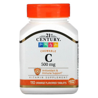 Вітамін С, Chewable Vitamin C, 21st Century, жувальний, зі смаком апельсину, 500 мг, 110 таблеток