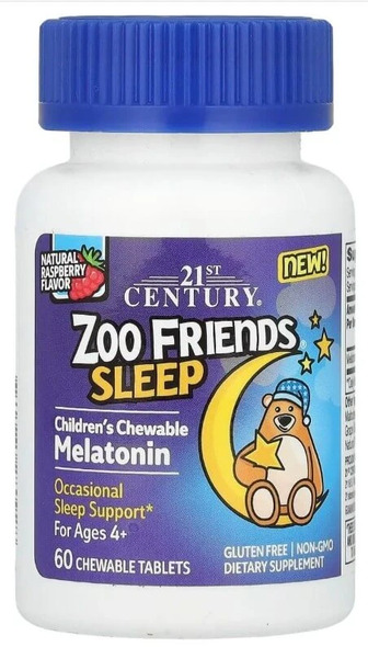 Мелатонін для дітей від 4 років, смак малини, Zoo Friends Sleep, Children's Chewable Melatonin 21st Century, 60 жувальних таблеток