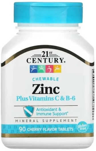 Цинк з вітамінами С і В6, смак вишні, Zinc Plus Vitamins C&B-6, 21st Century, 90 жувальних таблеток