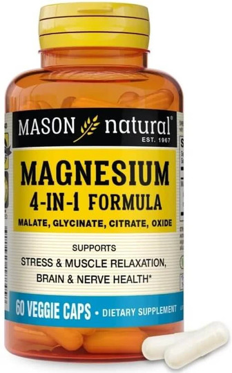 Комплекс магнію, 400 мг, Magnesium 4-in-1 Complex, Mason Natural, 60 вегетаріанських капсул