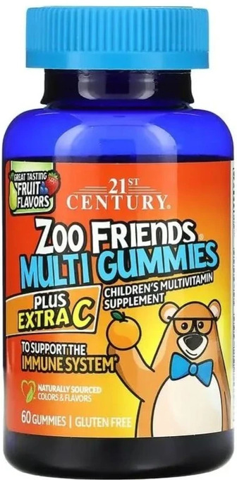 Мультивітаміни для дітей, посилений вітамін C, смак фруктів, Zoo Friends Multi, Plus Extra C, 21st Century, 60 жувальних цукерок