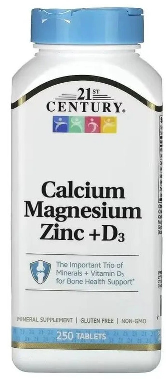 Кальцій, Магній, Цинк та Вітамін D3, Calcium Magnesium Zinc + D3, 21st Century, 250 таблеток