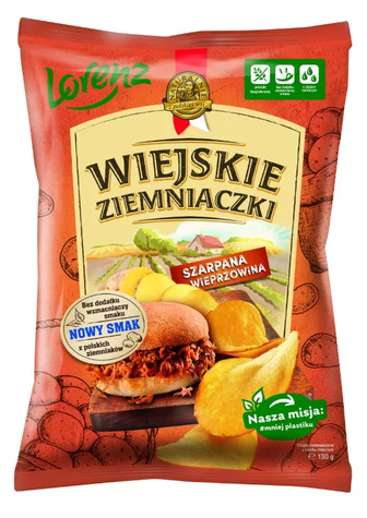 Чипси Wiejskie Ziemniaczki зі смаком м’яса - рвана свинина 130 г (5905187128811)