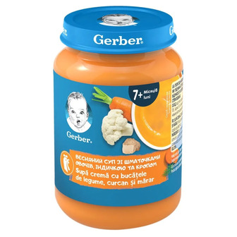 Пюре Gerber Весняний суп зі шматочками овочів, індичкою та кропом 190 г (8445292315401)