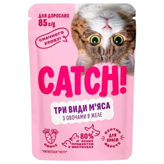 Корм вологий для дорослих котів Catch! три види м'яса з овочами в желе 85 г (4820261921984)