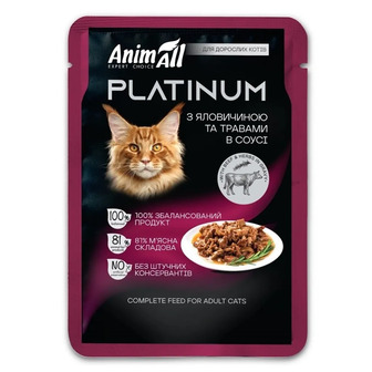 Корм вологий для котів AnimAll Platinum Cat Turkey з яловичиною та травами в соусі 85 г (4820224503691)