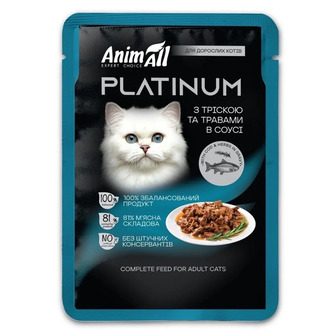 Корм вологий для котів AnimAll Platinum Cat Turkey з тріскою та травами в соусі 85 г (4820224503677)