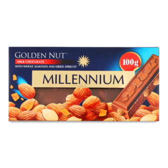 Шоколад Golden Nut молочний з цілим мигдалем та курагою 100г Millennium