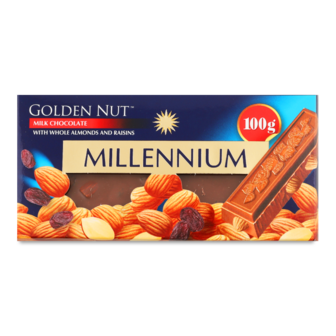 Шоколад Golden Nut молочний з цілим мигдалем та родзинками 100г Millennium