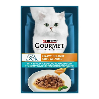 Корм вологий для дорослих котів Gourmet Perle Gravy Delight З тунцем у соусі з ароматом морепродуктів 85 г (8445291188341)